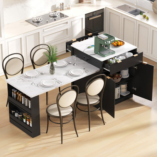 K&K 82.6   Fluted Kitchen Island With Extendable Dining Table For 4-6, Island Table For Kitchen With Power Outlet, Kitchen Table With Double-Side Storage, 2 Drawers 2 Side Open Shelves, Black