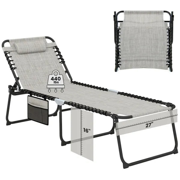 Oversized Patio Chaise Lounge, 27 Wide 4-Position Adjustable Backrest Folding Tanning Chair-Gray