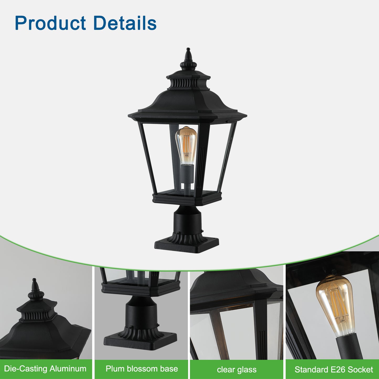 21 H 2-Pack Outdoor Post Lantern Light  Vintage Black Metal & Clear Glass Pillar Lamp For Garden, Gate, Driveway, And Pathway Lighting With Elegant Design Bulb Not Included