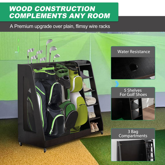 Wooden Golf Bag Storage Rack , Holds 3 Stand Bags  14 Clubs, Organizer For Golf Balls, Shoes  Accessories, Heavy Duty For Garage, Indoor Outdoor Use, Easy Assembly,Black