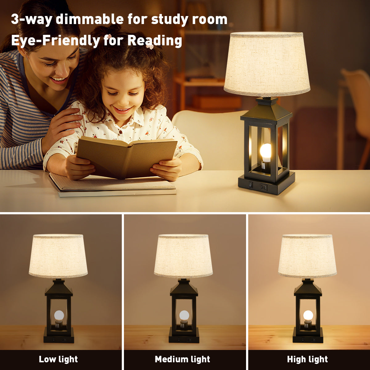 20.5in Black Farmhouse Bedside Table Lamp For Living Room, 3-Way Dimmable Touch Control Modern Nightstand Lamp With 2 Light For Bedroom, Home, Office Bulbs Included