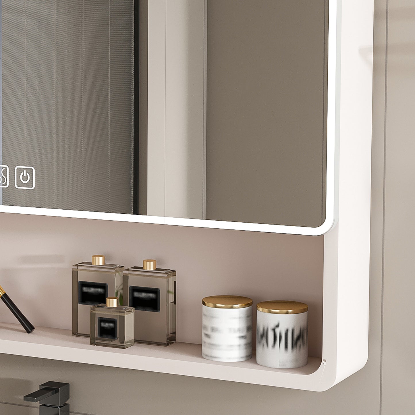 Aluminium Medicine Cabinet Mirror  35 X 28 Inches Medicine Cabinet With 3 Colors LED Light And Defogging Function  Bathroom Mirror Cabinet With Cosmetic Storage Rack And Hair Dryer Holder  Khaki