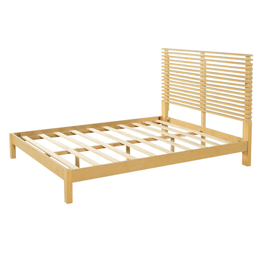 Premium Solid Wood Queen Size Platform Bed Frame With Horizontal Slat Headboard, Modern Natural Wood Bedroom Furniture, 600 Lbs Weight Capacity,No Box Spring Needed, Fits All Mattresses