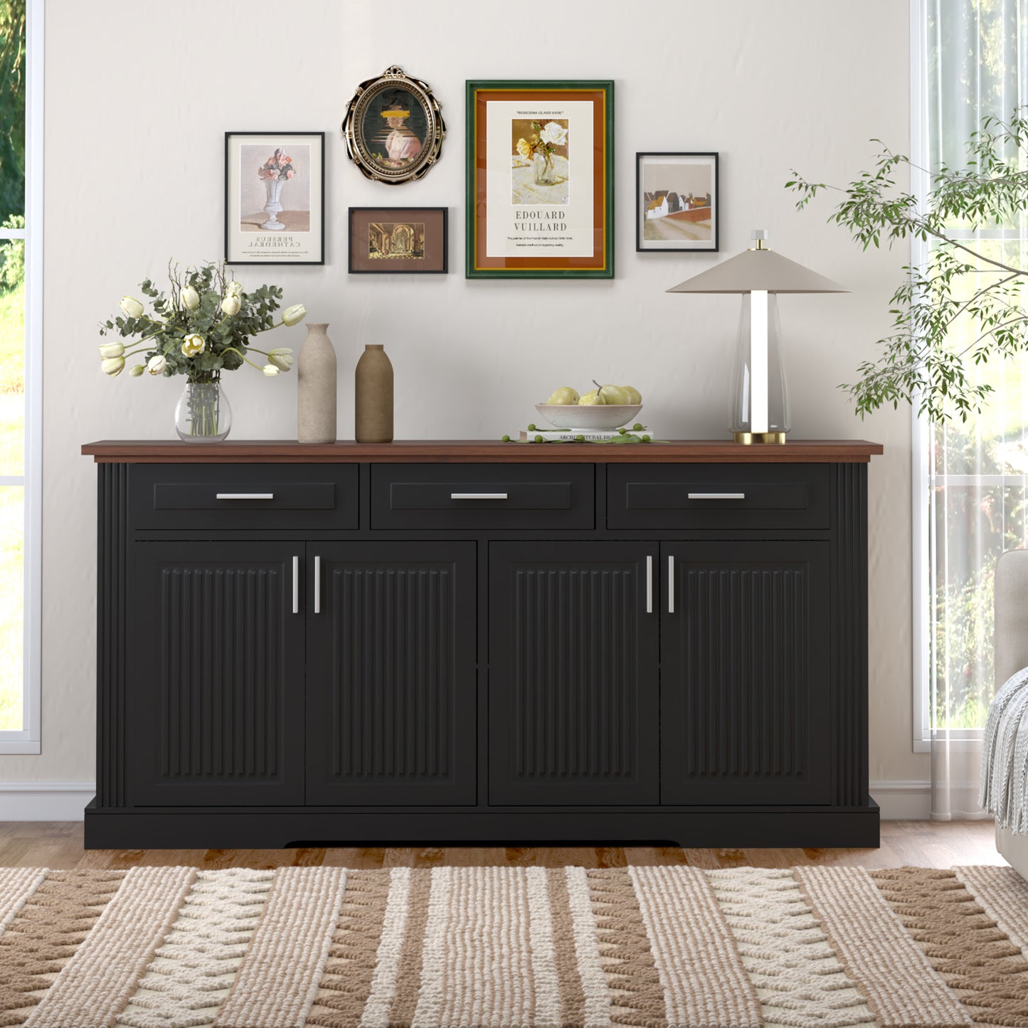 63  Fluted Sideboard Buffet Cabinet With Storage, Modern Coffee Bar Station With 4 Doors And 3 Drawers, Wood Kitchen Storage Console Table For Living Room Dining Room Entryway, Black