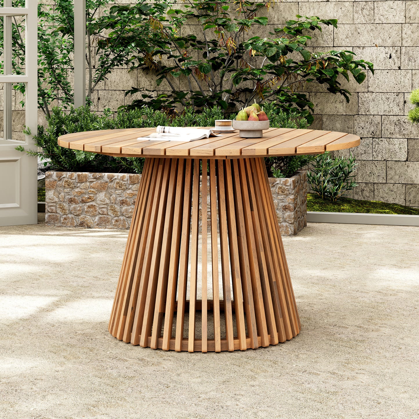 Outdoor Acacia Wood Patio Dining Table, 47.25-inch Extra-large Round Dining Table,for Backyard, Lawn, Balcony,Light Teak
