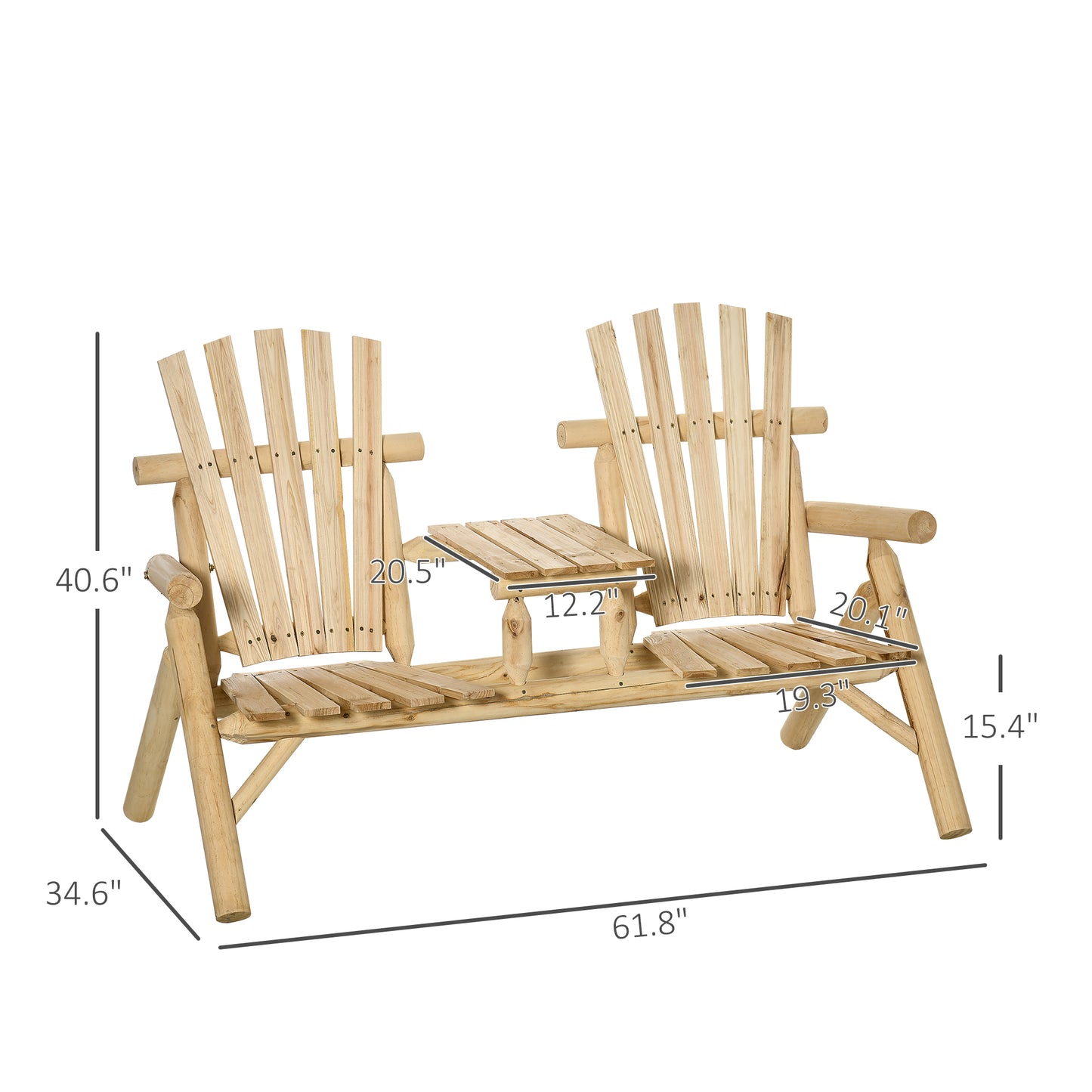 2-Seat Wooden Adirondack Chair, Patio Bench With Table, Outdoor Loveseat Fire Pit Chair For Porch, Backyard, Deck, Natural
