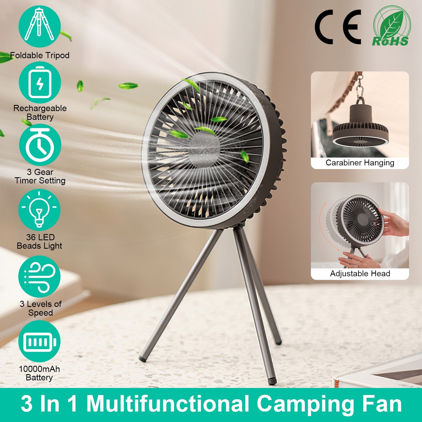 Camping Fan With Lantern Rechargeable Battery Powered Portable Tripod Fan For Tent With Hanging Hook Carabiner Emergency Power Bank Desk Fan With Timer Speed Brightness Setting