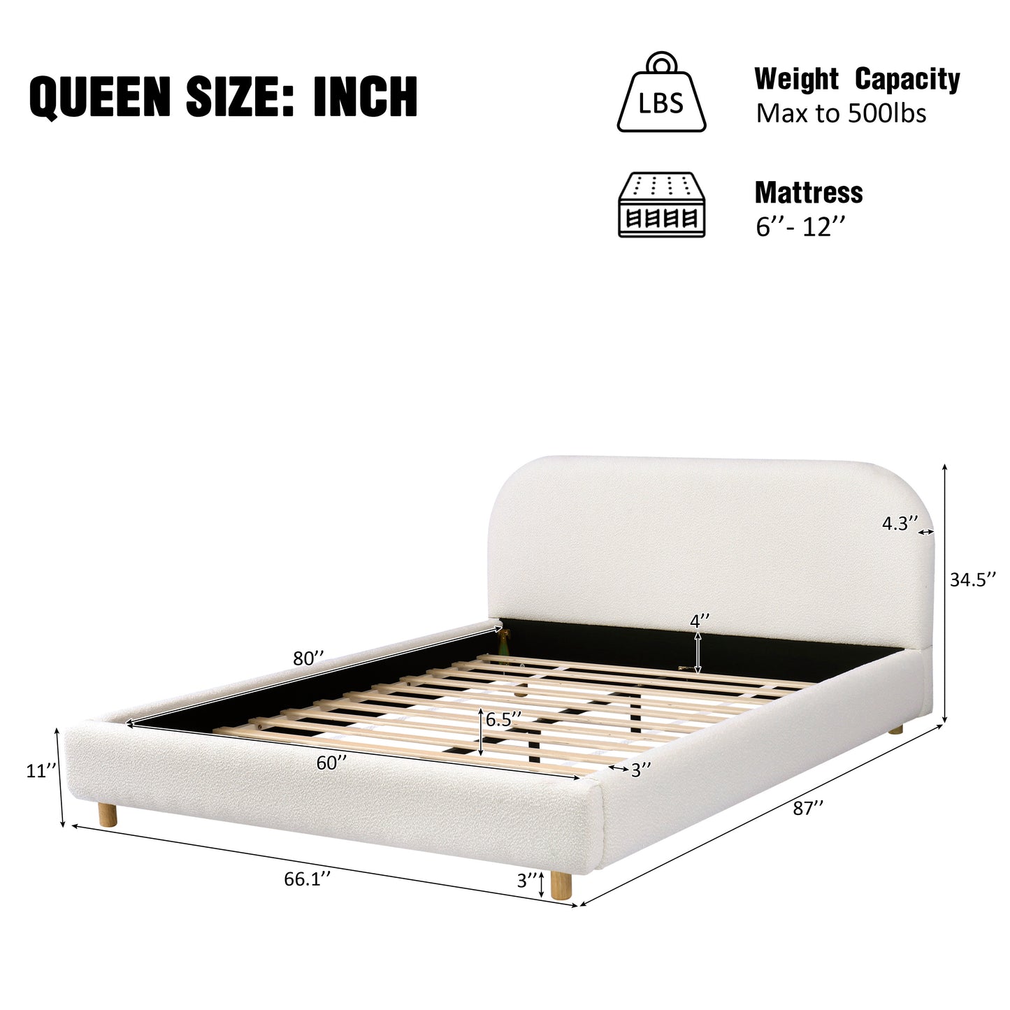 Queen Size Upholstered Bed With Boucle Fabric,Curved-Shape Design Thick Headboard, Solid Wood Legs,White