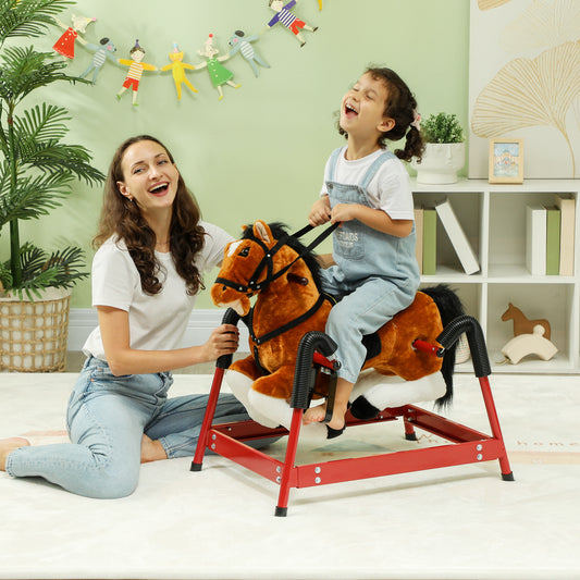 Spring Rocking Horse, Kids Ride On Horse, Plush Horse Ride-on W/ Sounds & Foot Stirrups For Kids 3-8 Years, Brown