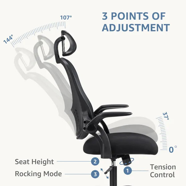 Ergonomic Office Computer Desk Chair, Mesh High Back Rolling Swivel Adjustable Task Chair With Headrest And Flip-up Armrests, Chair With Wheels, Black