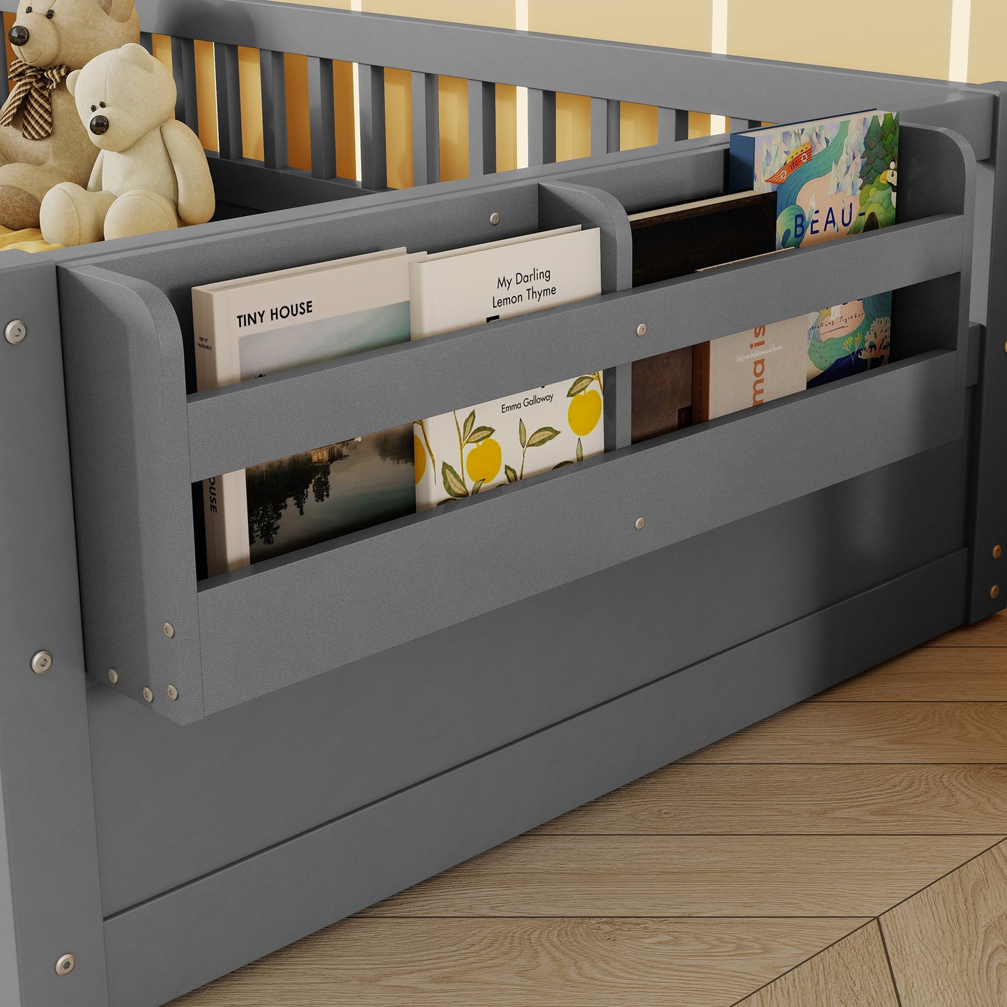 Twin Montessori Floor Bed Frame With High Rails, Wood Kids Floor Beds With Light And Storage Shelf, Gray Expect Arrival Date 2025 8 15