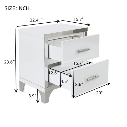 Elegant High Gloss Nightstand With Metal Handle,Mirrored Bedside Table With 2 Drawers For Bedroom,Living Room,White