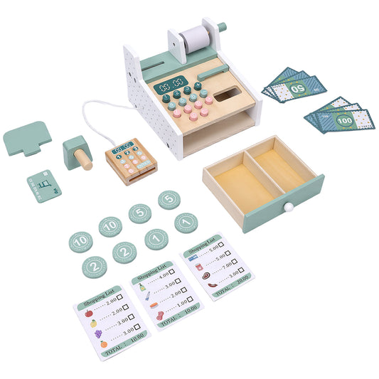 Wooden Cash Register Toy With Scanner Play Money Shopping Cards Educational Toy Cash Register Green