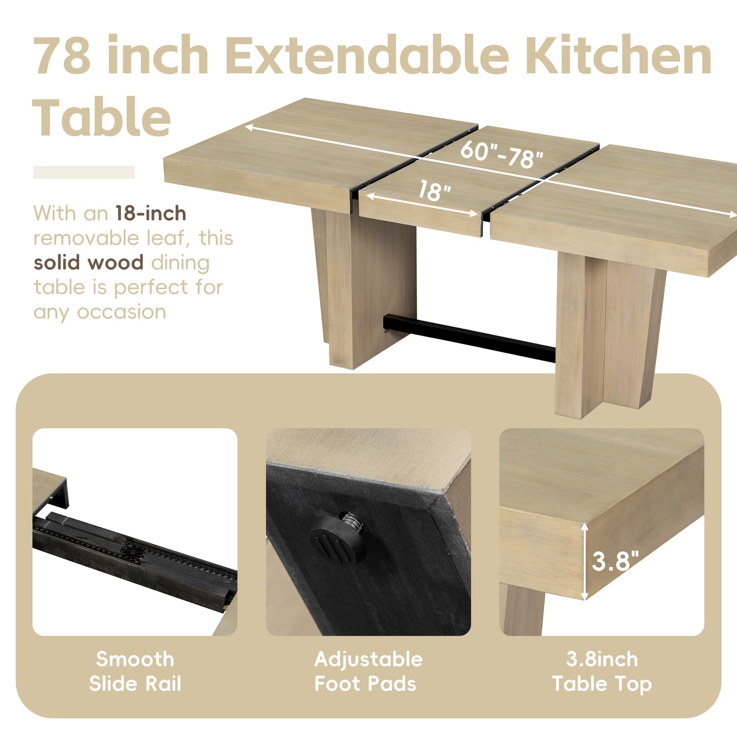 TOPMAX Farmhouse 78.1inch Extendable Wood Dining Table Set For 6, Kitchen Table Set With Bench And 4 Upholstered Chairs,3.8inch Thick Tabletop And Trestle Legs For Kitchen, Dining Room, Natural Beige