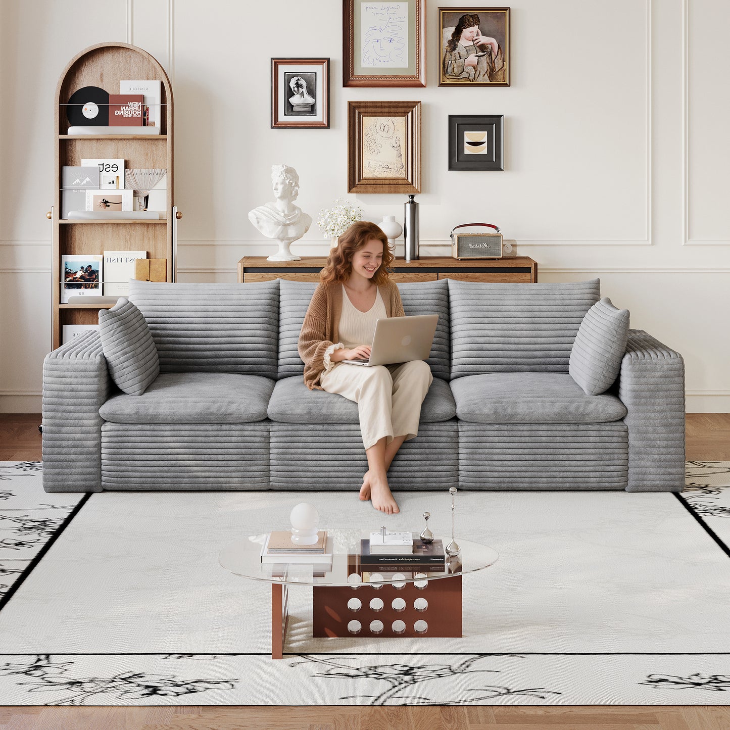 102  Cloud Sofa,Corduroy Fabric,Deep Seat Couches,Double-layer Design,Removable  Cushion,No Assembly, DIY Combination For Living Room, Bedroom,Conference Room ,Apartment,Grey