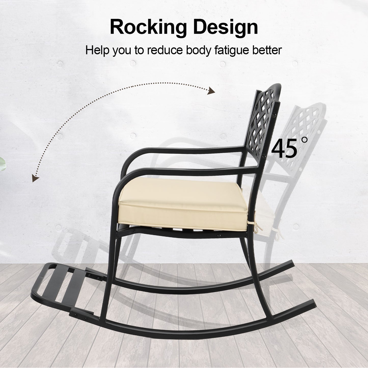 Metal Rocking Chair, Outdoor Rocking Bench With Cushion, Patio Rocker With Footrest, Weatherproof Rocking Chair For Outside, Patio, Garden, Hole Backrest
