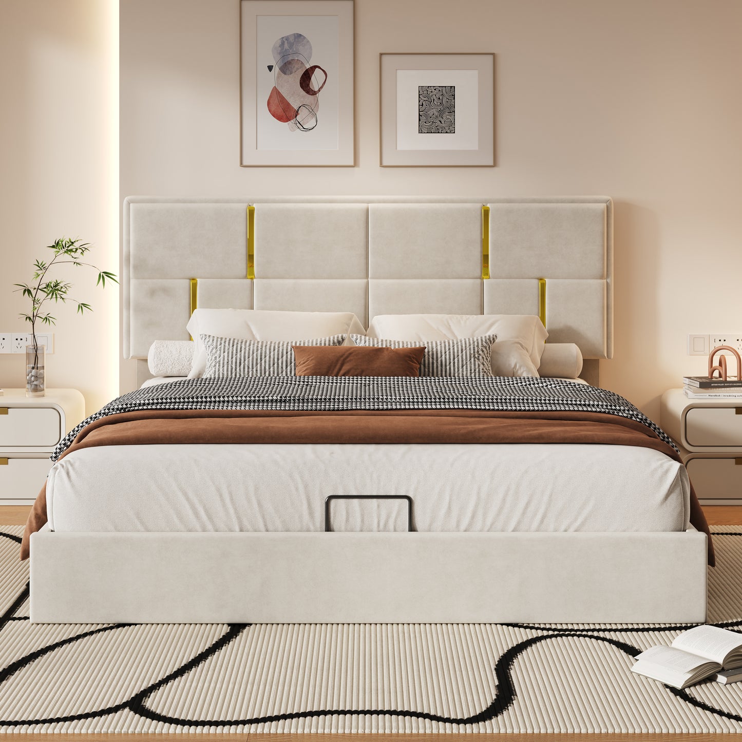 Queen Size Upholstered Platform Bed With Hydraulic Storage System,No Box Spring Needed,Beige