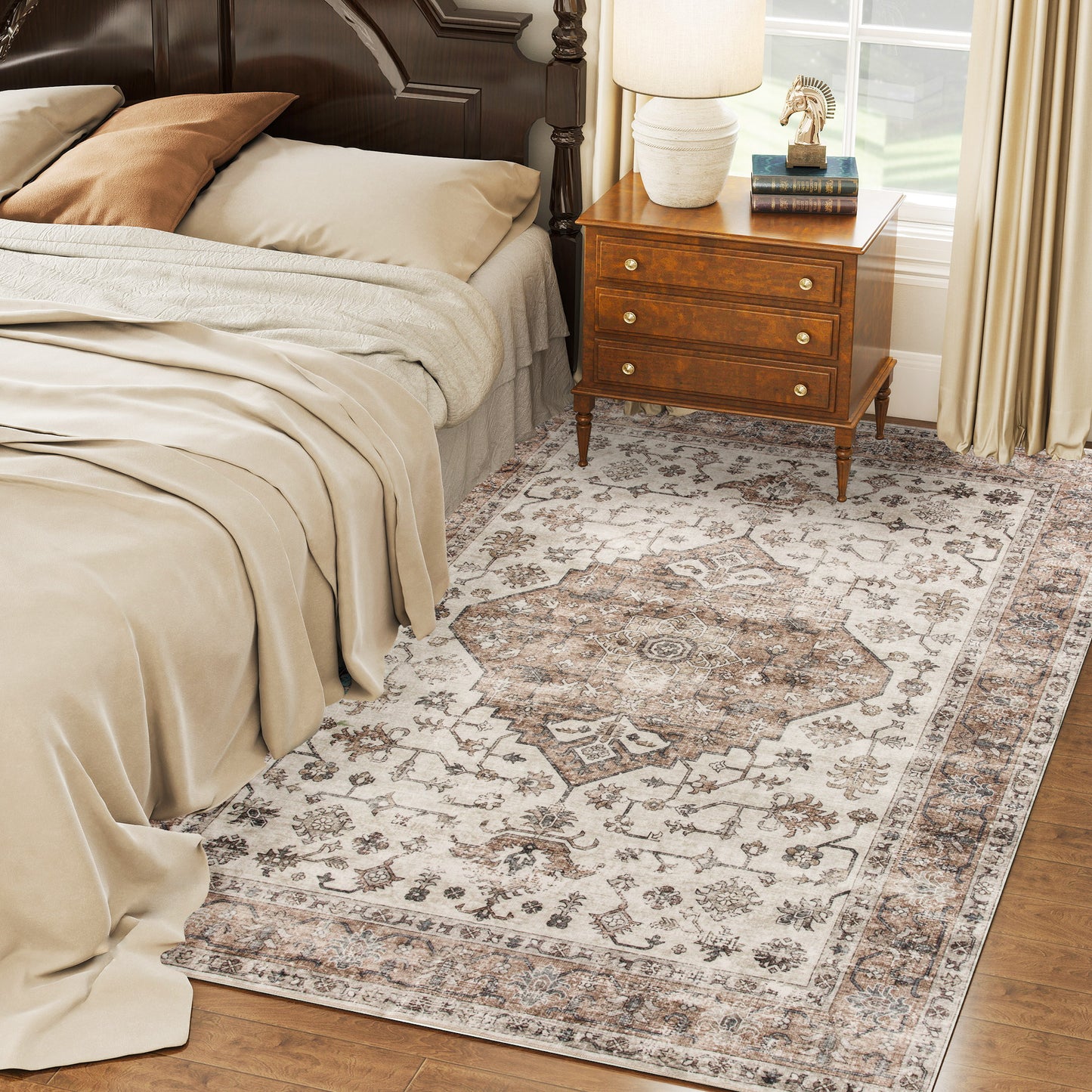 5x7 Area Rug, Vintage Machine Washable Rug, Non-Slip Floor Carpet For Living Room, Bedroom, Dining Room, Tan