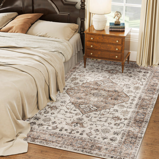 5x7 Area Rug, Vintage Machine Washable Rug, Non-Slip Floor Carpet For Living Room, Bedroom, Dining Room, Tan
