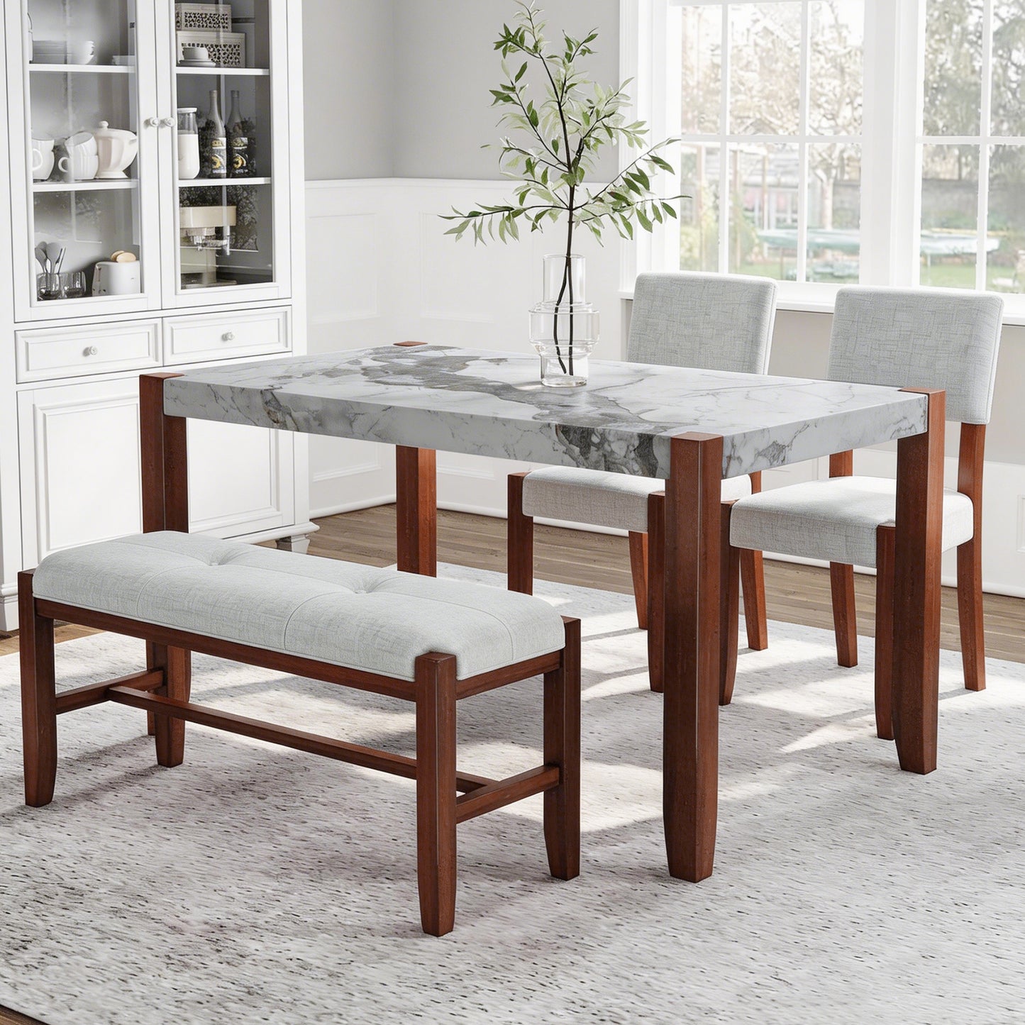 4-Piece Dining Set, 1 Marble-Look Table With 2 Upholstered Chairs And 1 Bench With Solid Rubber Wood Legs, Padded Seat, Curved Backrest, Space-Saving, Dining Room, Beige