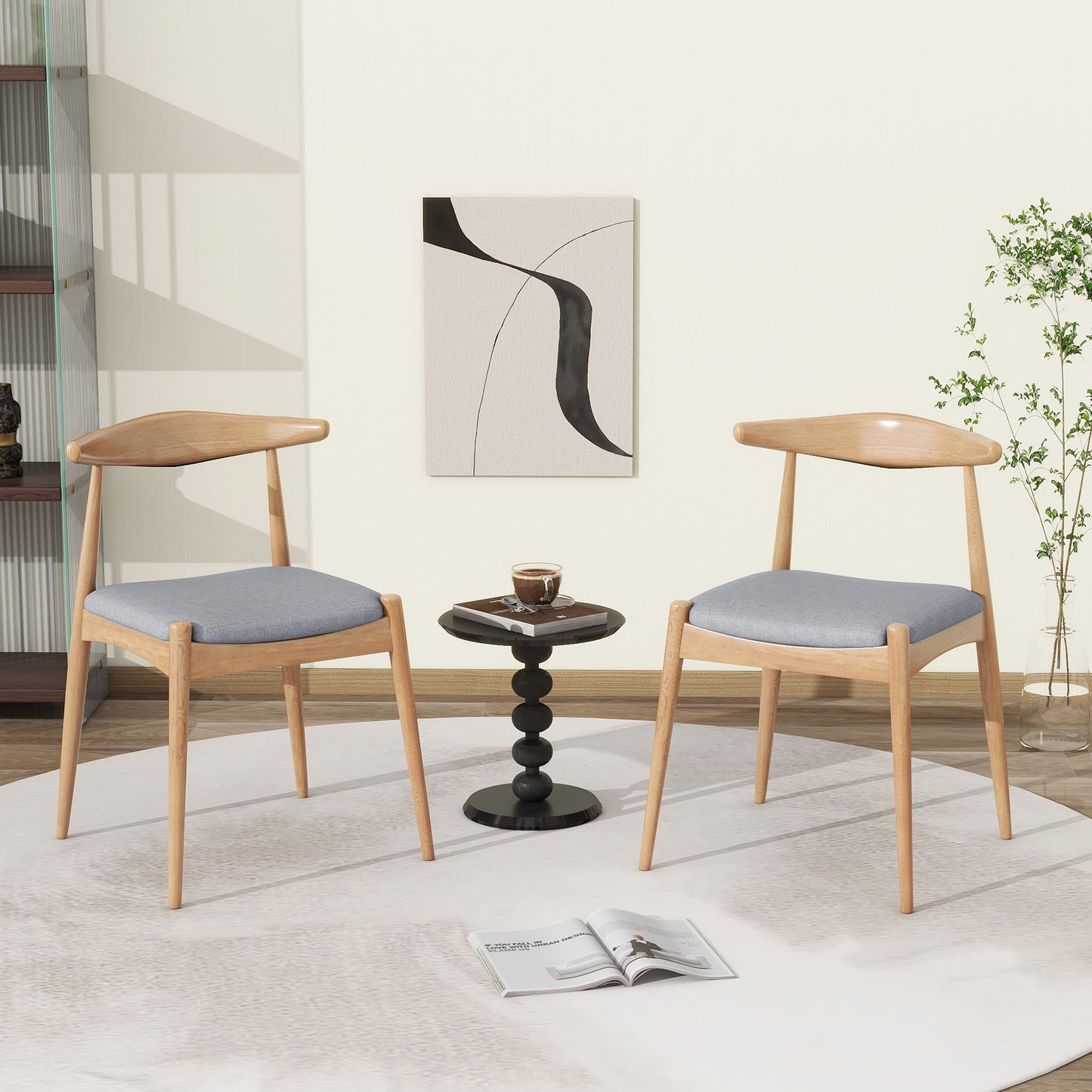 Set Of 2 Rubberwood Dining Chairs With Ergonomic Backrest & Comfort Cushions, Natural-Gray