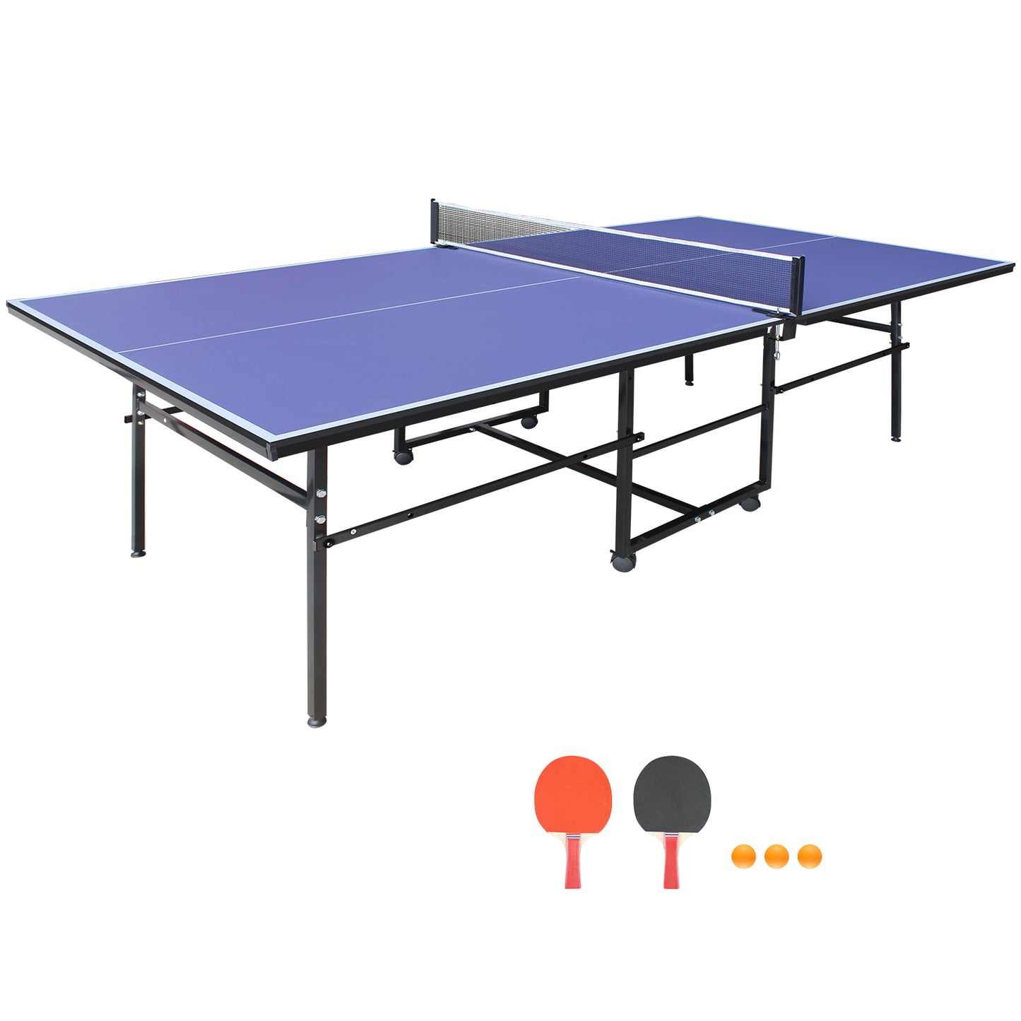 9x4.1ft Blue Mid-Size Table Tennis Table Foldable & Portable Ping Pong Table Set For Indoor Games With Net, 2 Table Tennis Paddles And 3 Balls