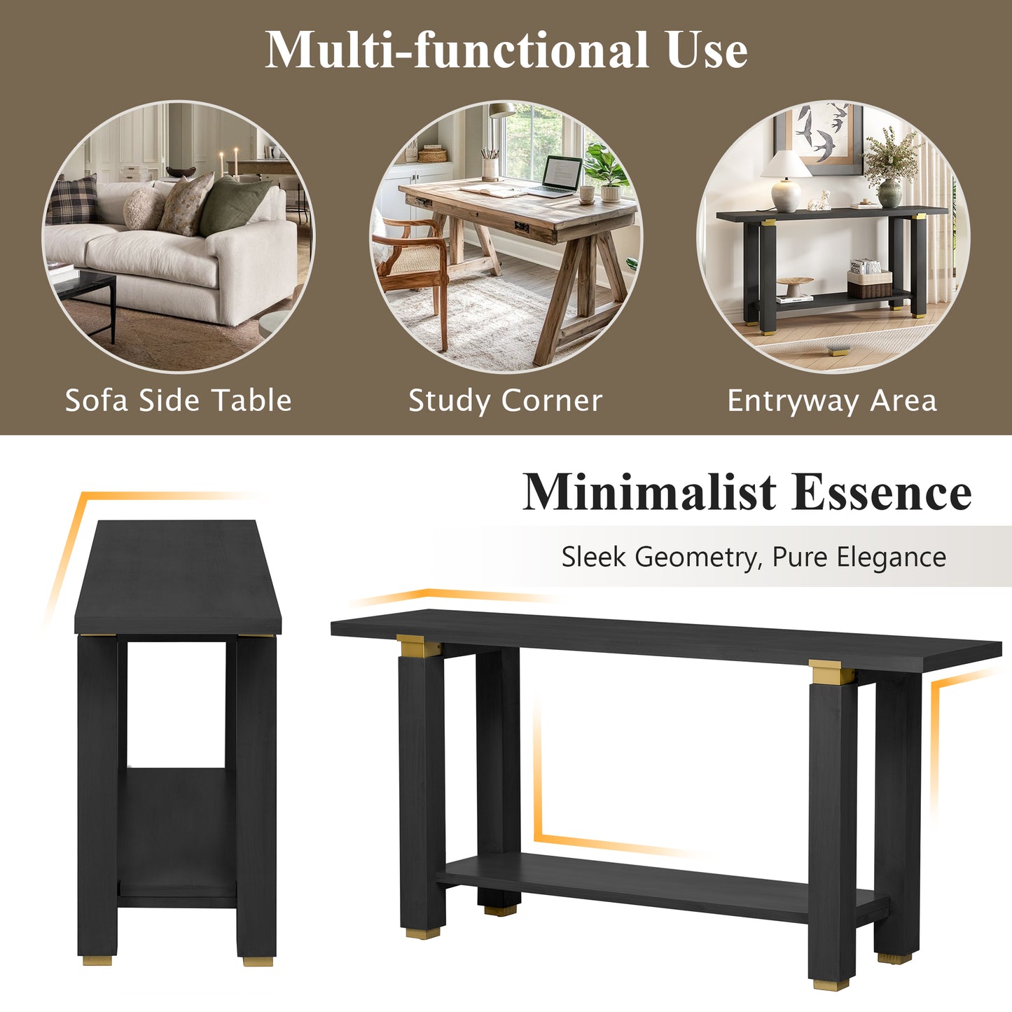 U Style 62.9  Modern Minimalist Console Table  Solid Wood Entryway Sofa Table With Metal Accents  Built In Shelf  For Living Room  Hallway  3 Colors Black  Gray  Natural