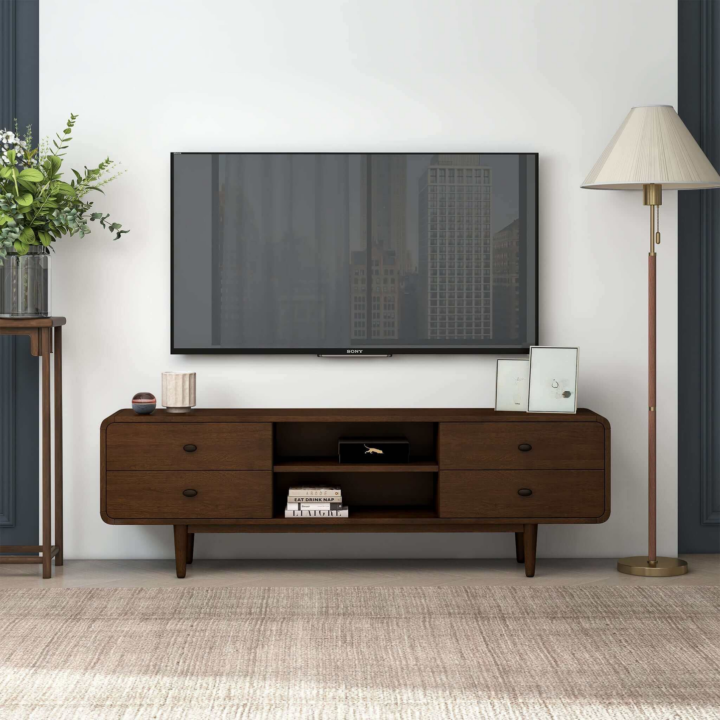 Alexa Mid Century Modern Style TV Stand With Walnut Finish And Solid Wood Construction 23   H X 71   W X 16   D For Bedroom, Hallway, Entryway, Closet