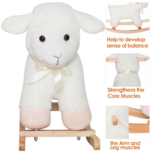 Lamb Rocking Horse Sheep, Nursery Stuffed Animal Ride On Rocker For Kids, Wooden Plush, White