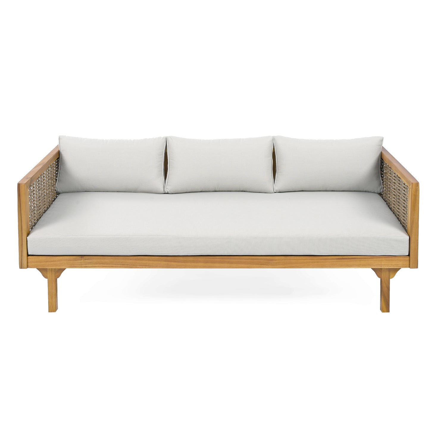 CLAREMONT 3 SEATER DAYBED WITH RATTAN ARMS  LIGHT GREY CUSHION