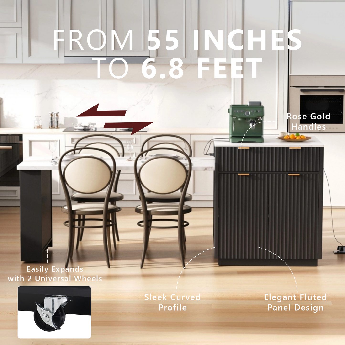 K&K 82.6   Fluted Kitchen Island With Extendable Dining Table For 4-6, Island Table For Kitchen With Power Outlet, Kitchen Table With Double-Side Storage, 2 Drawers 2 Side Open Shelves, Black