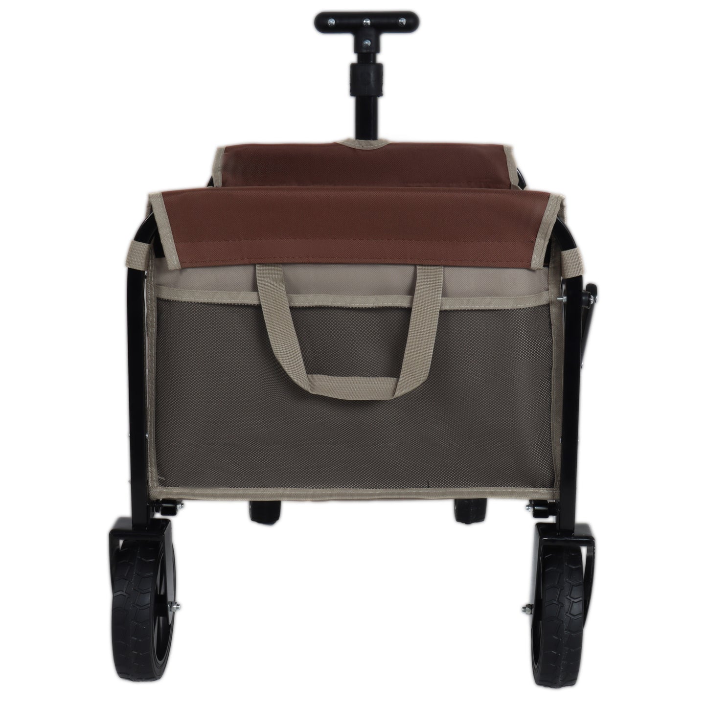 All- In- One Convertible Folding Camping Wagon Cart  Bench Seat  Storage Compartment & Included Dog Tether  Beige Brown