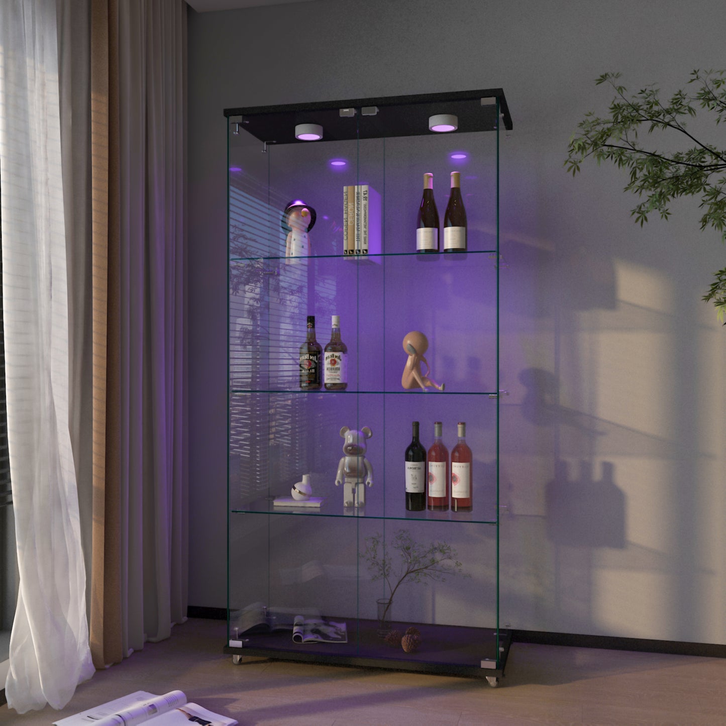 Modern Glass Display Cabinet With LED Lights, Quick-assembly Antique Cabinet, Tempered Glass Bookshelf, Suitable For Living Room And Bedrooms, 2-door 4-shelf, Black