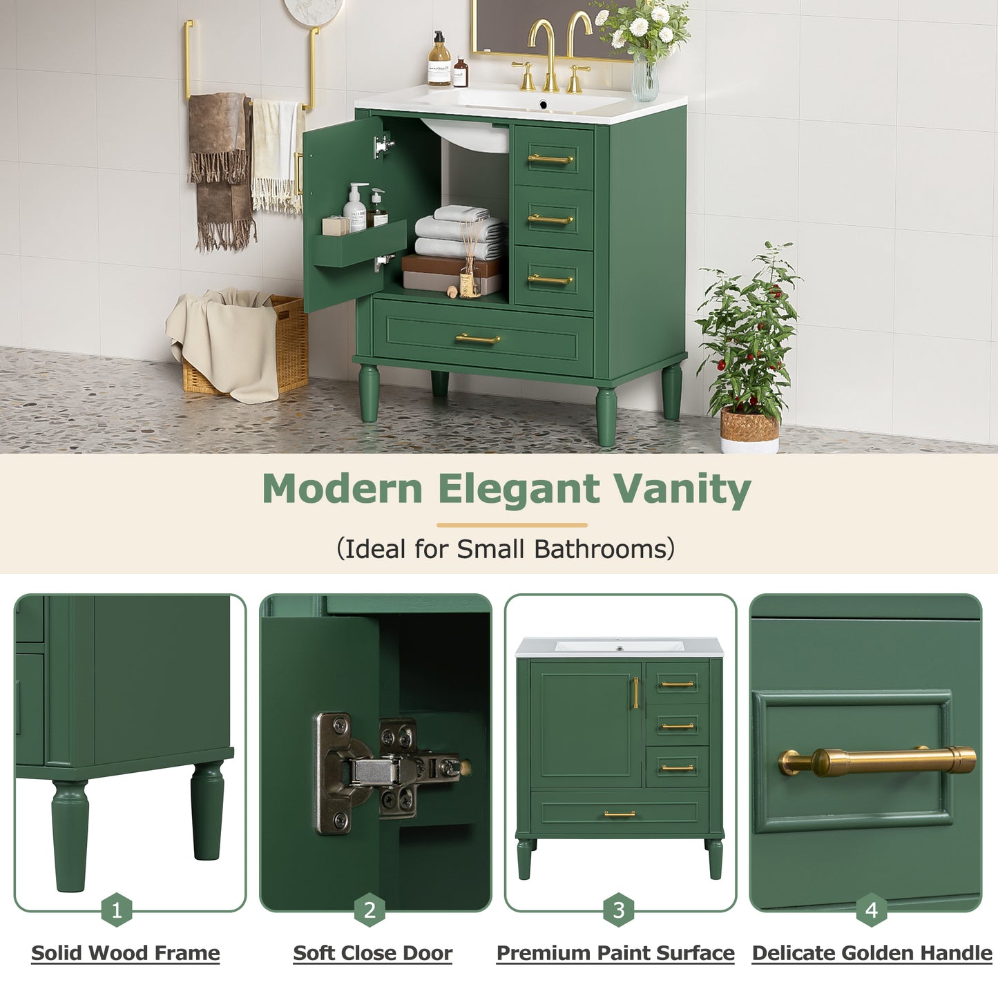 Traditional 30  Green Bathroom Vanity Set, Floor Standing, With Three Drawers, Soft Close Doors, With Long Gold Metal Handles - Perfect For Small Bathrooms