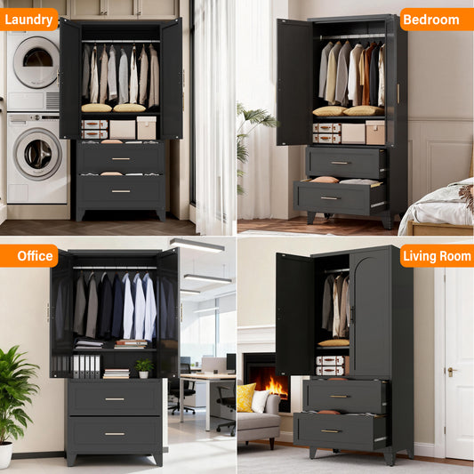 71 Tall Metal Wardrobe Cabinet With 2 Drawers And Hanging Rod, 2 Doors Wardrobe Closet With Shelf For Bedroom, Office, Laundry Room,Entryway ,Foyer,Guesthouse  Black