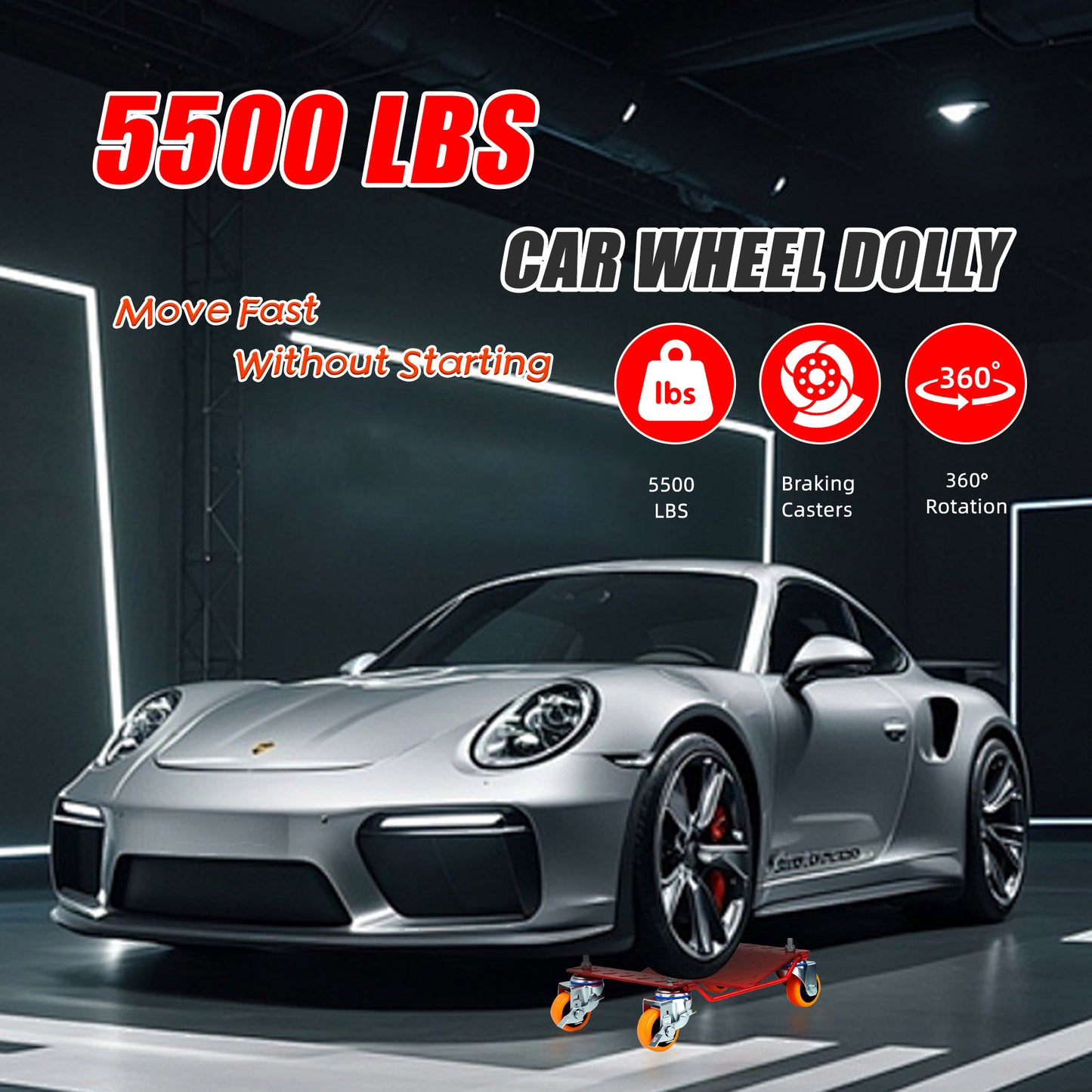 5500 Lbs Tire Wheel Dolly Car Set Of 4, Heavy Duty Robust & Durable Steel Car Mover With Antiskid Plate & 360 Degree Rotatable Wheel,Red