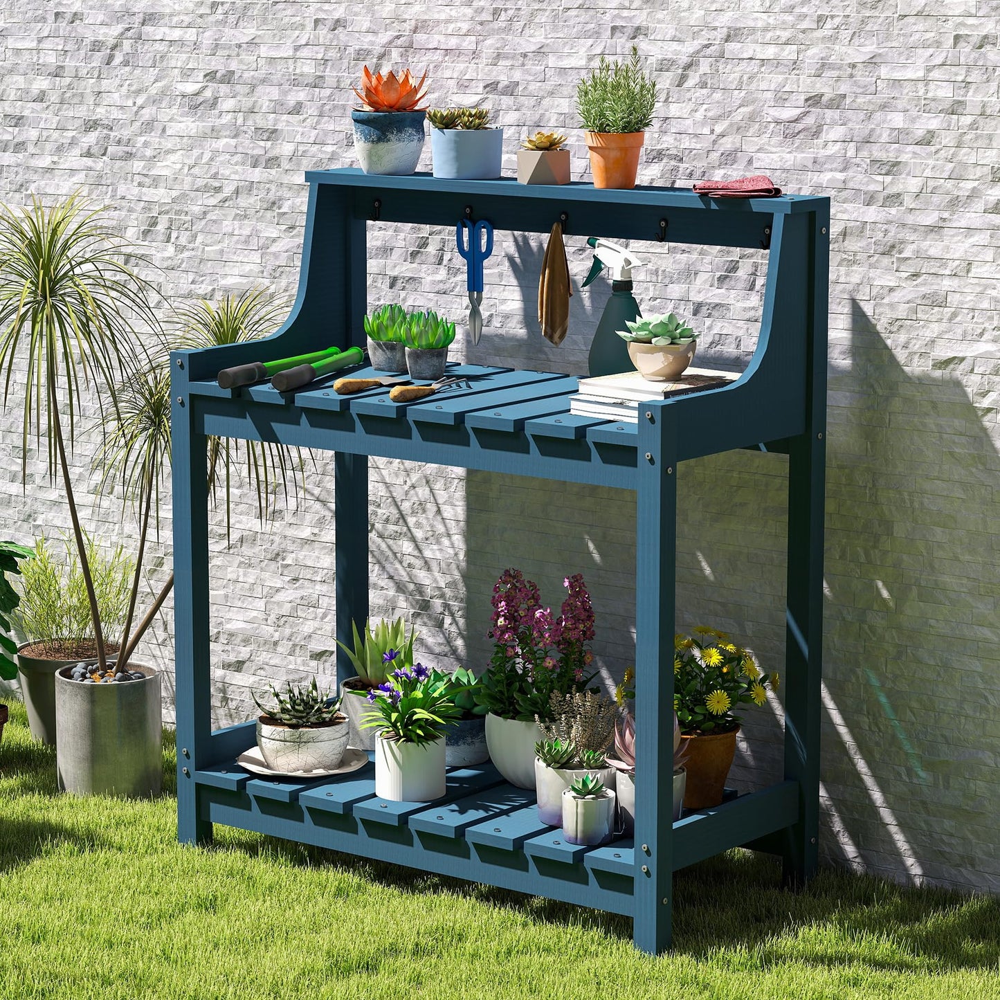 Potting Benches For Outside, HDPE Garden Potting Table All Weather, Outdoor Potting Table With Storage For Patio, Backyard, Garden, Blue