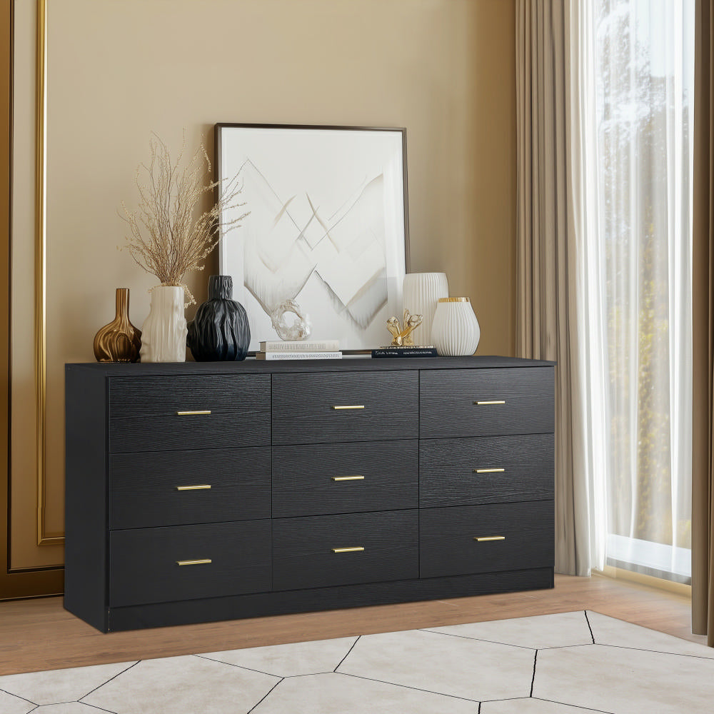 Modern Black 9-Drawer Dresser For Bedroom - Ample Storage Wide Chest Of Drawers, Sturdy & Safe