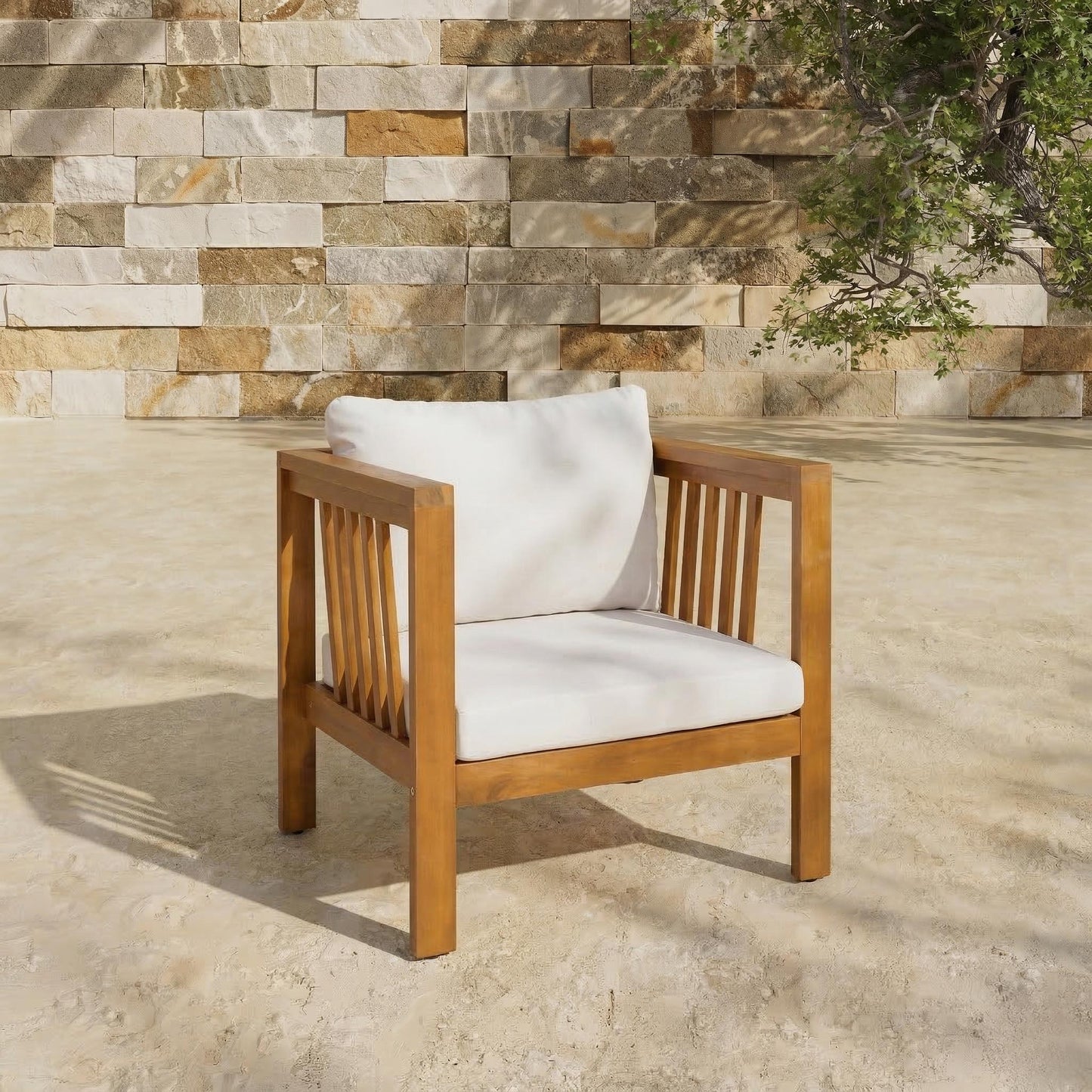 Outdoor Acacia Wood Club Chair With Modern Square Arms, Patio Chair With Thick Cushion, Adjustable Leveling Feet For Poolside, Deck, Beige Cushion