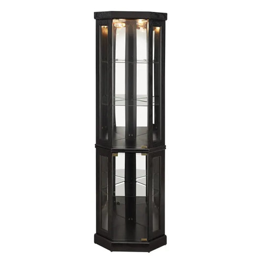 Lighted Corner Curio Cabinet - Display Case For Living Room, Antique Collectibles, Wine & Bar Glass Storage - Elegant Corner Design With Lights Included-BLACK