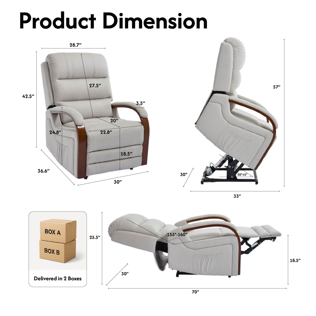 Power Lift Recliner Chair With Massage & Heat For Elderly, Dual Motor Electric Lift Recliner, Egyptian Velvet Fabric Upholstery, Side Pockets, Beige
