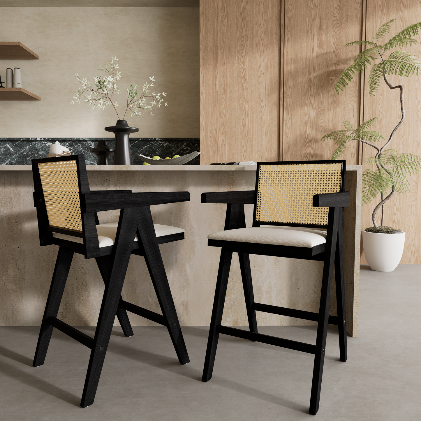 27 Height, Cream Grey Woven Cane Plastic Backrest Bar Stool - Foam-Padded Fabric Seat & Durable Rubberwood Frame
