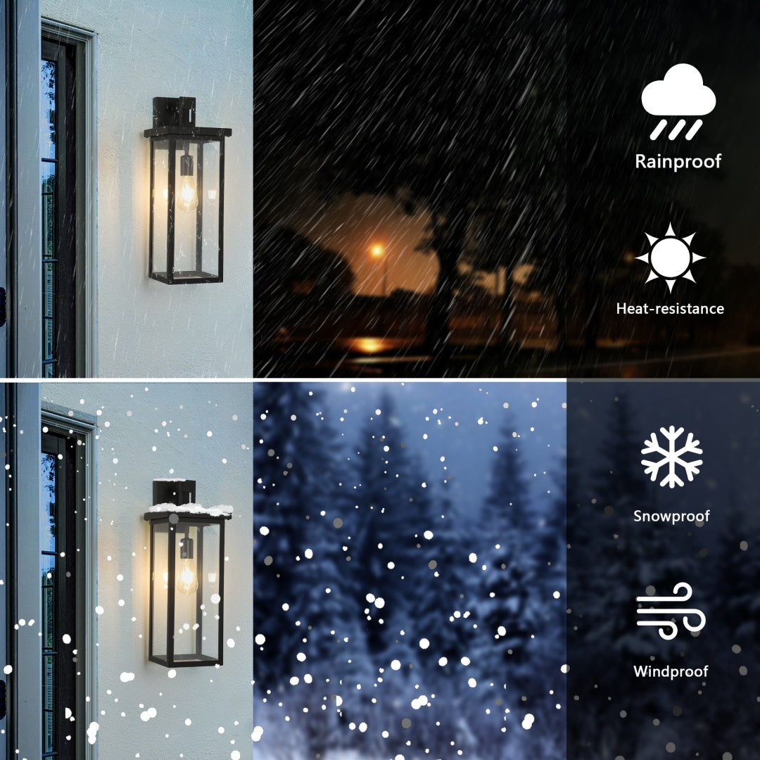 20  H Set Of 2 Modern Outdoor Wall Lanterns With Black Metal Frame And Clear Glass, Weatherproof Wall Sconces For Porch, Garage, Or Entryway Lighting, E26 Bulb Compatible  No Bulbs