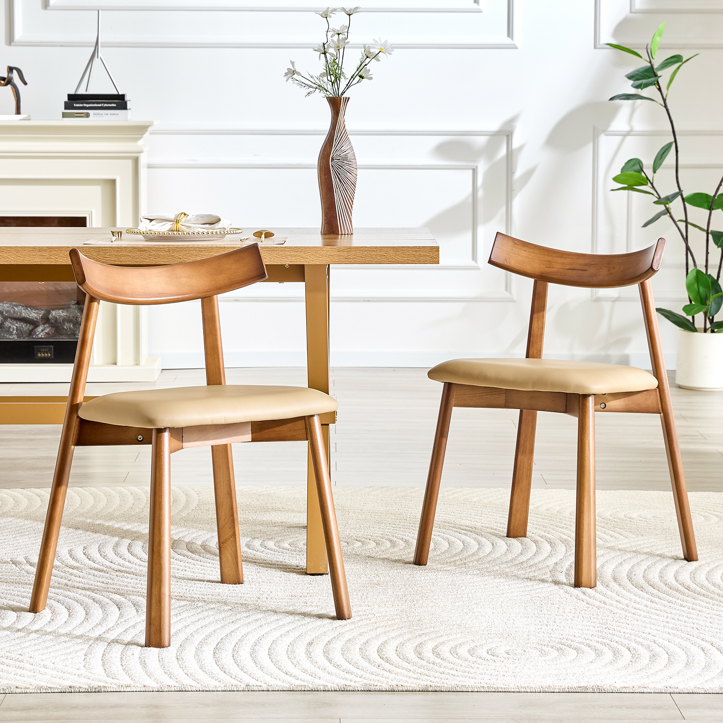 2 Walnut Colored Solid Wood Dining Chairs, With Khaki PU Soft Cushions And Curved Backrests That Fit The Curves Of The Back, Suitable For Home Dining.