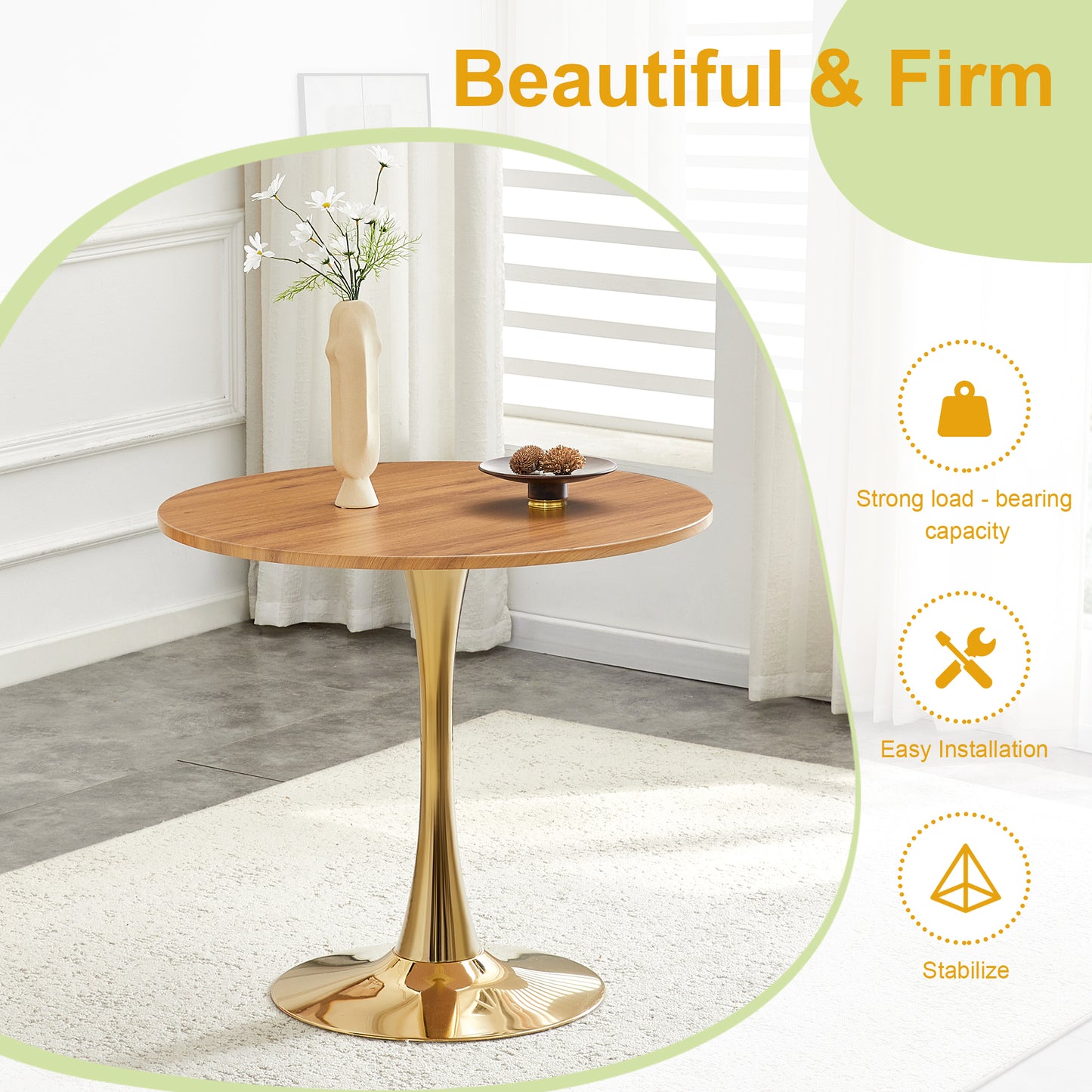 Round Dining Table, 31.5in Circle Tulip Table With Thickened Tabletop & Metal Pedestal, Mid Century Modern Bistro Table For Kitchen, Small Places, Living Room, Cafe  Faux Wood