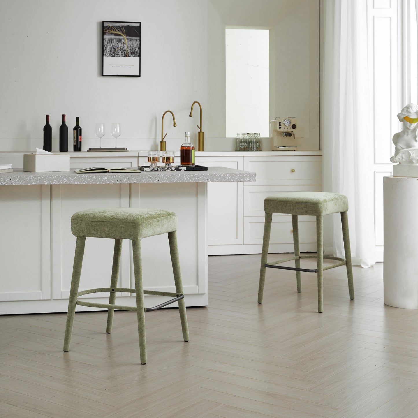 Backless Light Green Upholstered Fabric Bar Stool - Padded Seat With Sturdy Legs & Footrest  Space-Saving Seating For Kitchen Island  Dining Counter & Home Pub 2 Sets