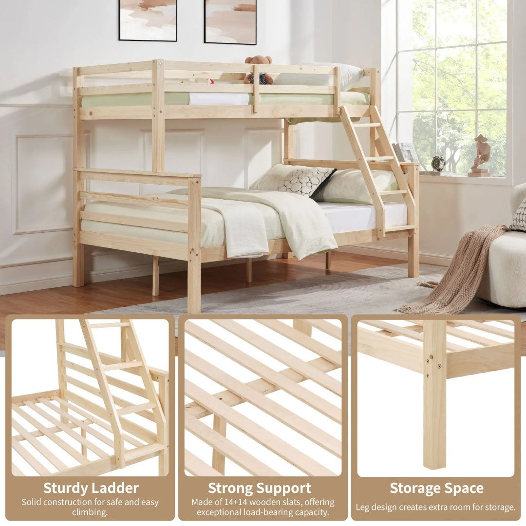 Twin Over Full Bunk Bed With Thick Posts,Wooden Bunk Bed With High Guardrail And Ladder For Kids, Teens, Dorm Rooms, And Guest Rooms,No Box Spring Needed,Natural