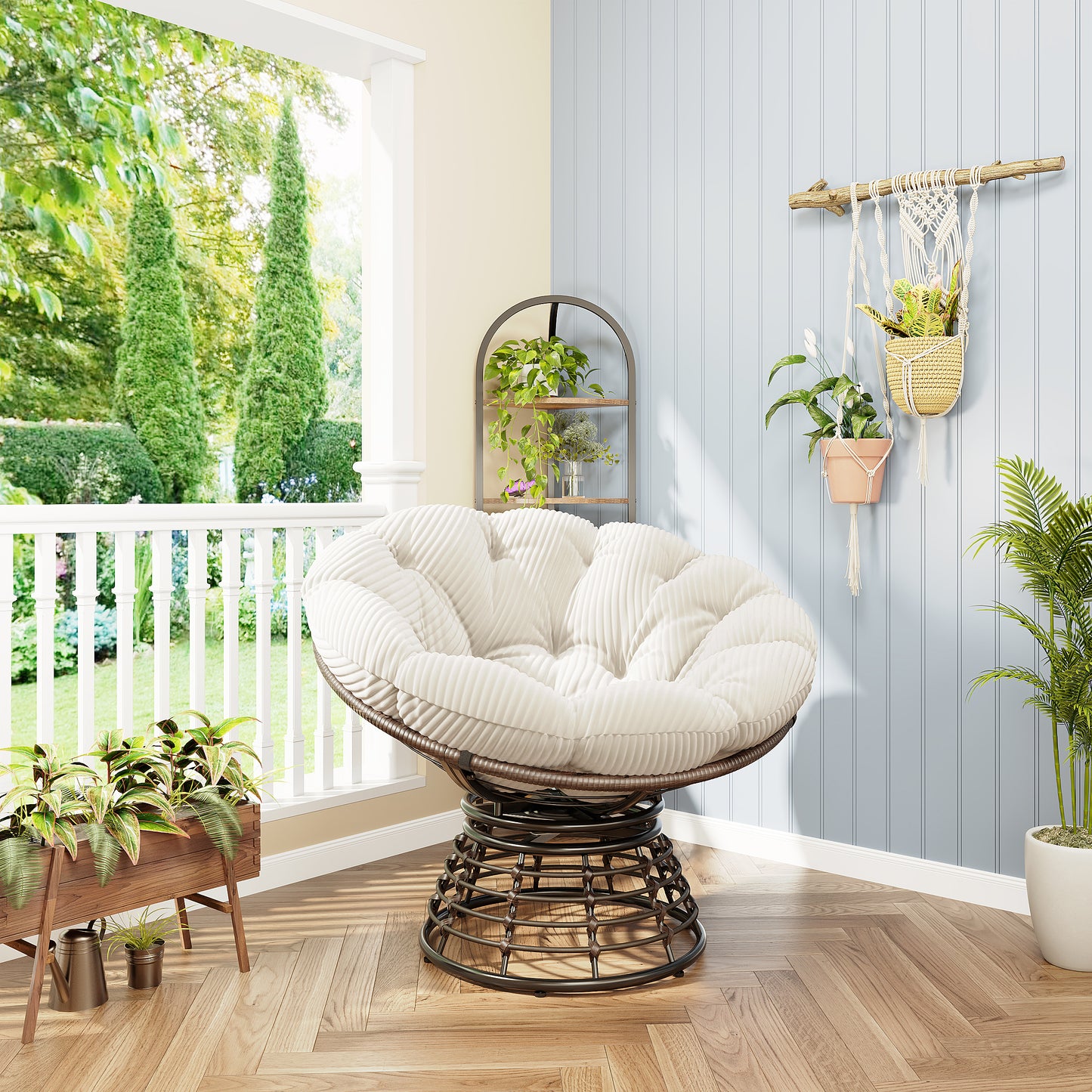 Comfortable Ergonomic Wicker Papasan Chair, 360 Swivel Indoor Outdoor Rattan Chair With Soft Thick Cushion Ideal For Living Room, Bedroom, Reading Room, Brown Frame With White Cushion