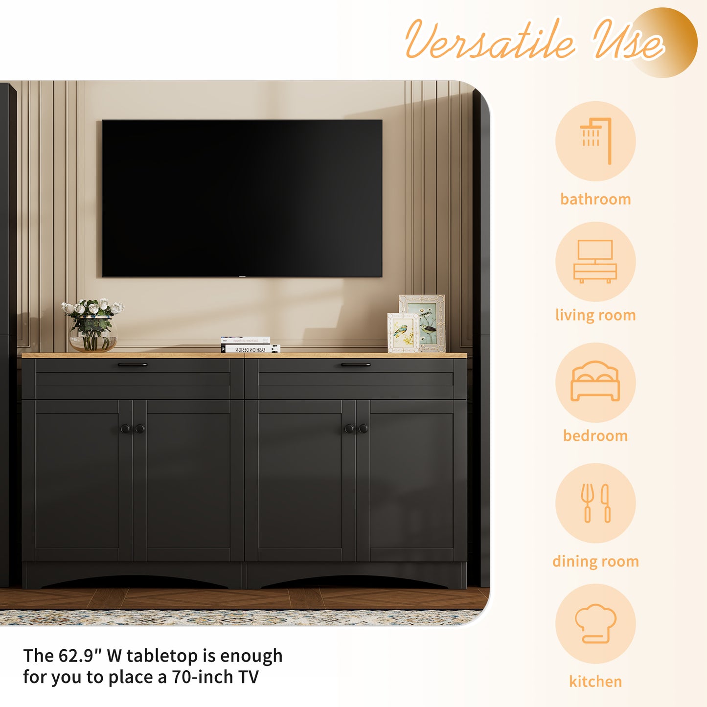 ON TREND Farmhouse TV Stand With 2 Drawers For TVs Up To 70, Versatile Wood Grain Sideboard With Adjustable Shelves, Mid Century Buffet Cabinet With Rustic Handles For Living Room Bedroom, Black