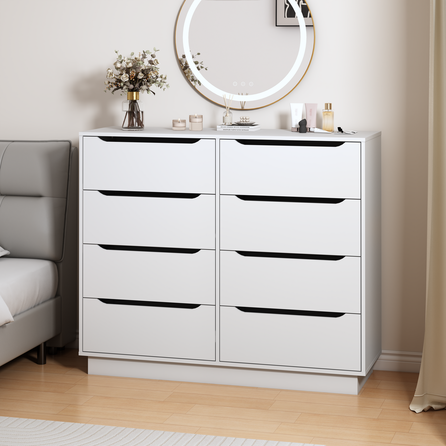 White Dresser For Bedroom, Long Dresser With 8 Drawers, 47.2''W Wooden Dressers Chest Of 8 Drawers, Large Capacity Clothing Storage Cabinet, Wide Dressers For Bedroom Living Room Entryway